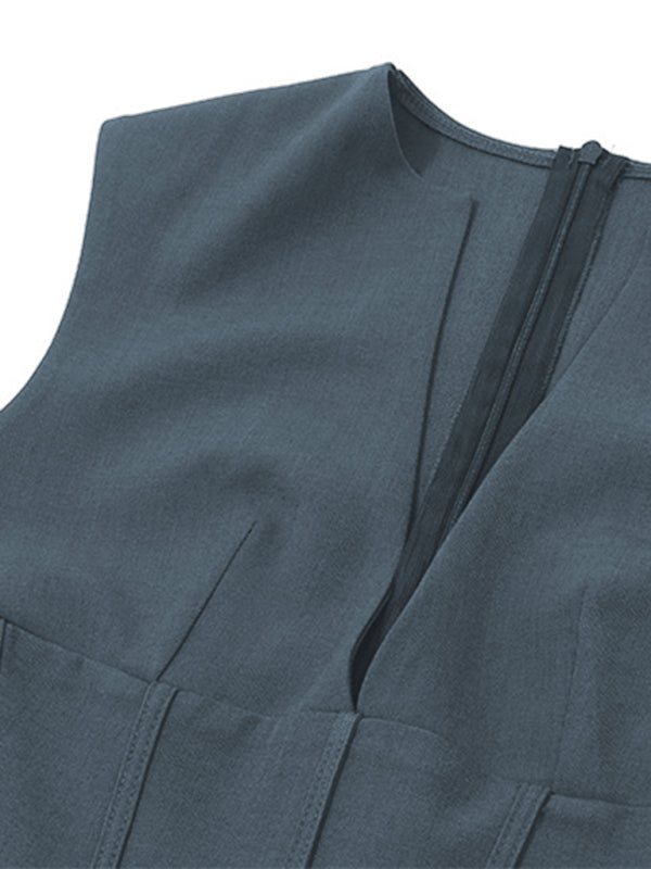 Gray sleeveless dress with zipper showcasing sexy retro waist and waist slim pleated design