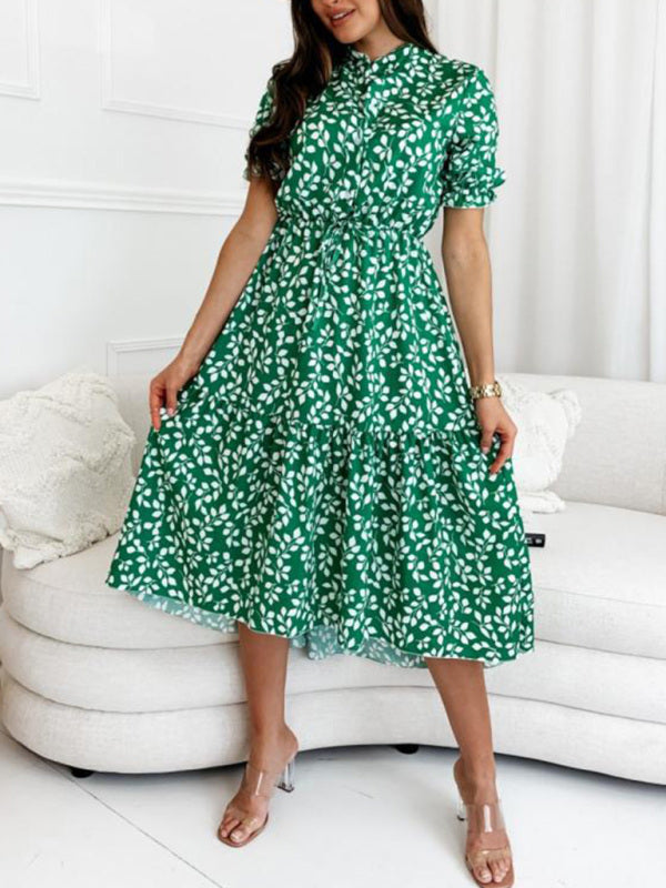 Women’s New Short Sleeve Printed Waist Swing Dress