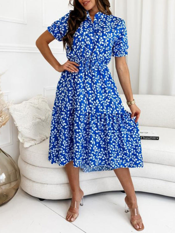 Women’s New Short Sleeve Printed Waist Swing Dress