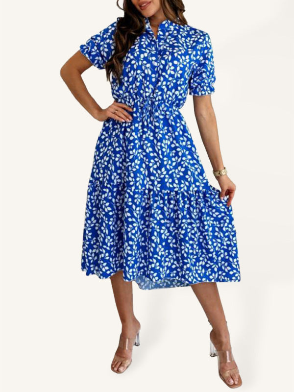 Women’s New Short Sleeve Printed Waist Swing Dress - Blue / S