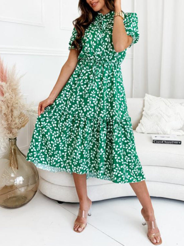 Women’s New Short Sleeve Printed Waist Swing Dress - Green / S