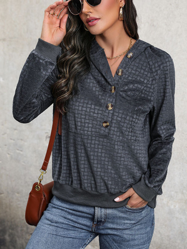 Women’s new solid color textured hooded sweatshirt - Charcoal grey / S
