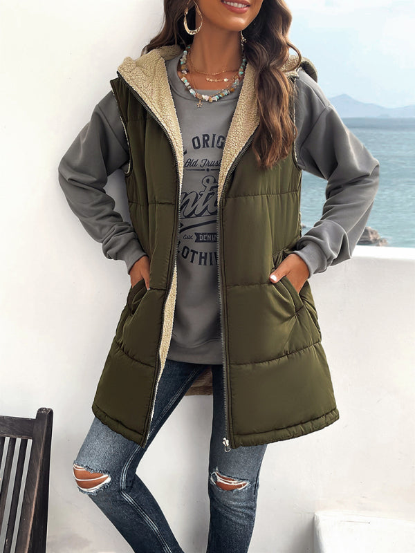 Women's new solid color winter loose commuting mid-length hooded cotton coat - Closther