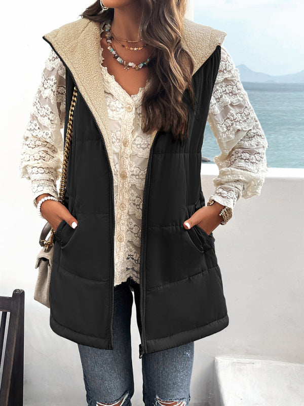 Women's new solid color winter loose commuting mid-length hooded cotton coat - Closther