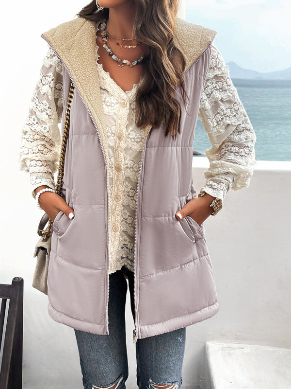 Women's new solid color winter loose commuting mid-length hooded cotton coat - Closther