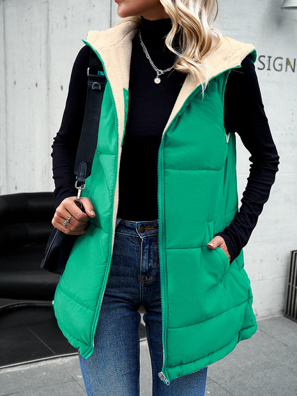 Women's new solid color winter loose commuting mid-length hooded cotton coat - Closther
