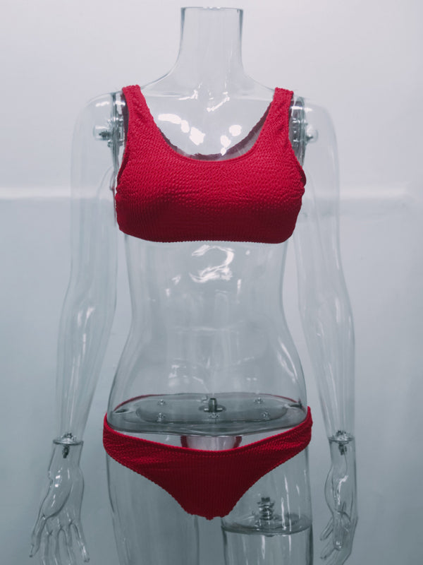 Women’s new special fabric wrinkled fabric bikini macaron color split swimsuit