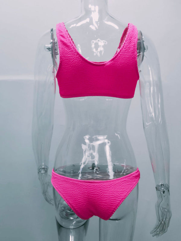 Women’s new special fabric wrinkled fabric bikini macaron color split swimsuit