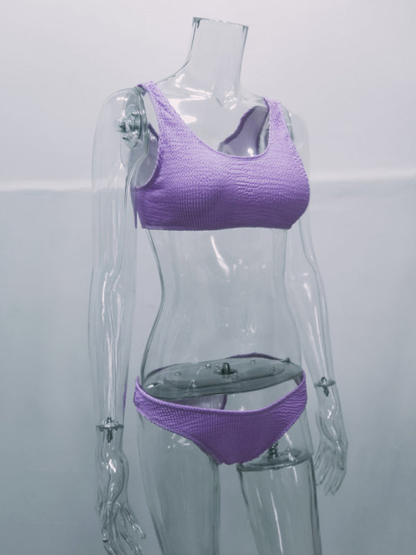 Women’s new special fabric wrinkled fabric bikini macaron color split swimsuit