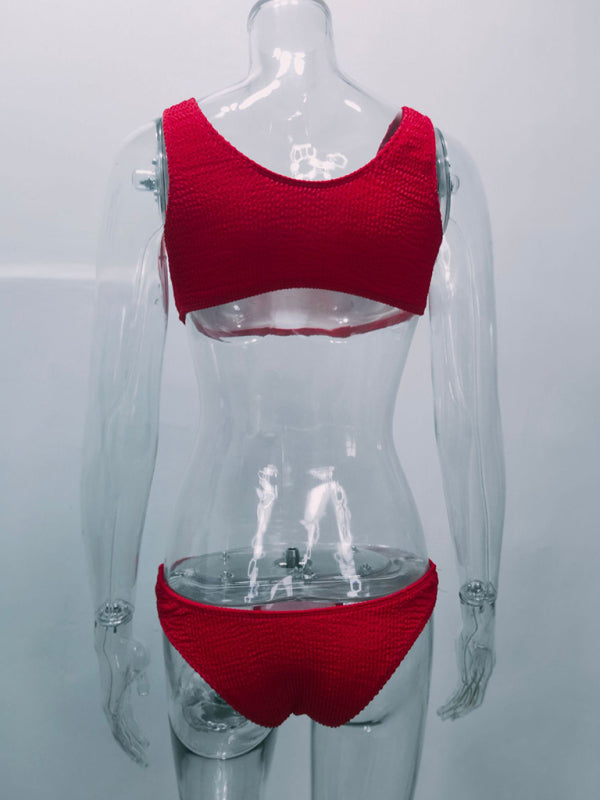 Women’s new special fabric wrinkled fabric bikini macaron color split swimsuit