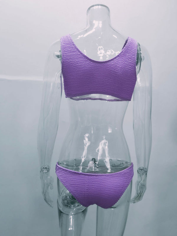 Women’s new special fabric wrinkled fabric bikini macaron color split swimsuit