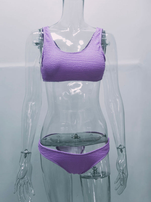 Women’s new special fabric wrinkled fabric bikini macaron color split swimsuit