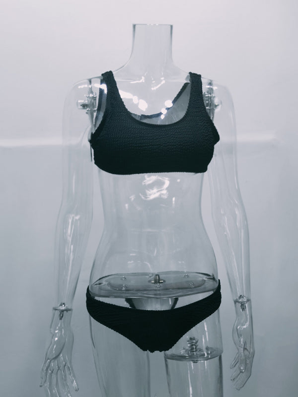 Women’s new special fabric wrinkled fabric bikini macaron color split swimsuit