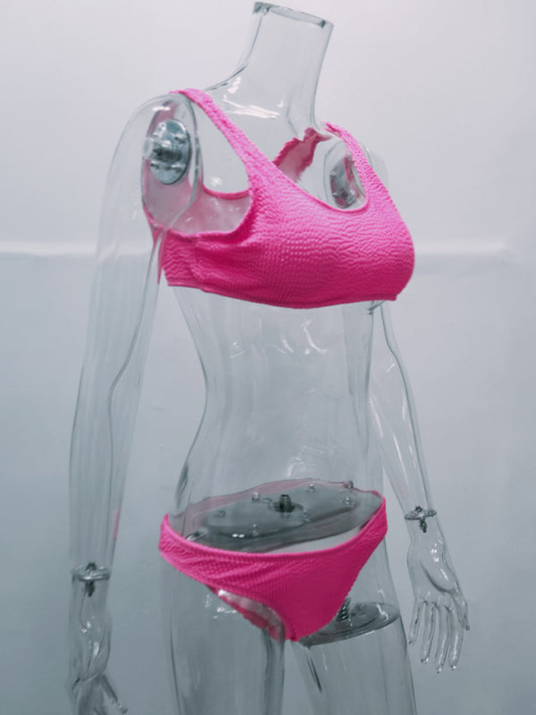 Women’s new special fabric wrinkled fabric bikini macaron color split swimsuit