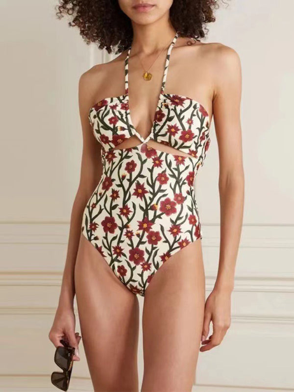 Women’s new style hollow lace halterneck hip-covering gauze skirt one-piece swimsuit - Pattern1 / S