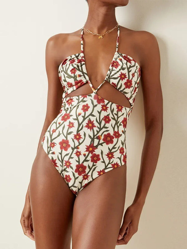Women’s new style hollow lace halterneck hip-covering gauze skirt one-piece swimsuit