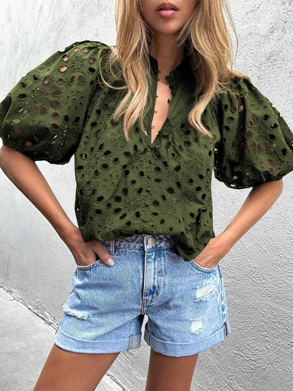 Women’s New Style Puff Sleeve Embroidered Shirt