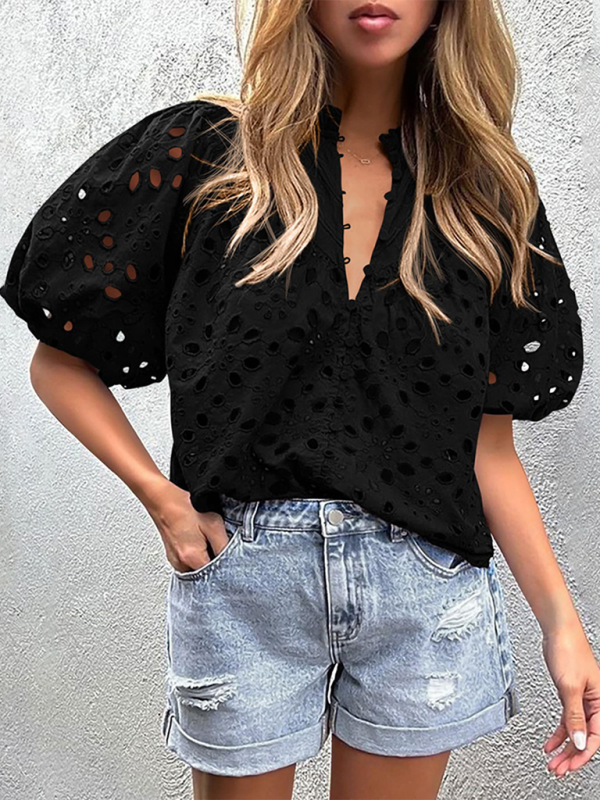 Women’s New Style Puff Sleeve Embroidered Shirt - Black / S