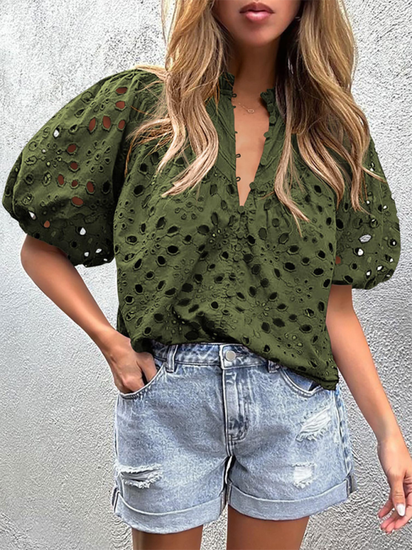 Women’s New Style Puff Sleeve Embroidered Shirt - Grass green / S