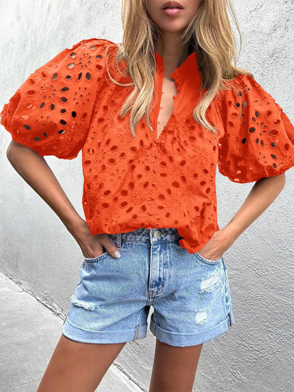 Women’s New Style Puff Sleeve Embroidered Shirt - Orange / S