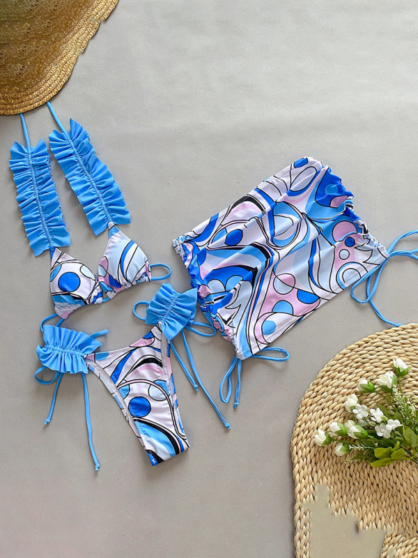 Women’s new three-piece bikini ruffled edge split swimsuit - Blue / S