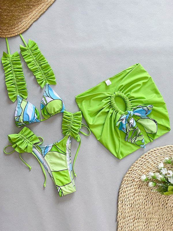 Women’s new three-piece bikini ruffled edge split swimsuit - Green / S