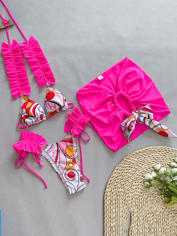 Women’s new three-piece bikini ruffled edge split swimsuit - Rose / S