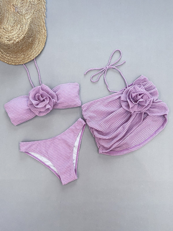 Women’s new three-piece bikini three-dimensional flower split swimsuit