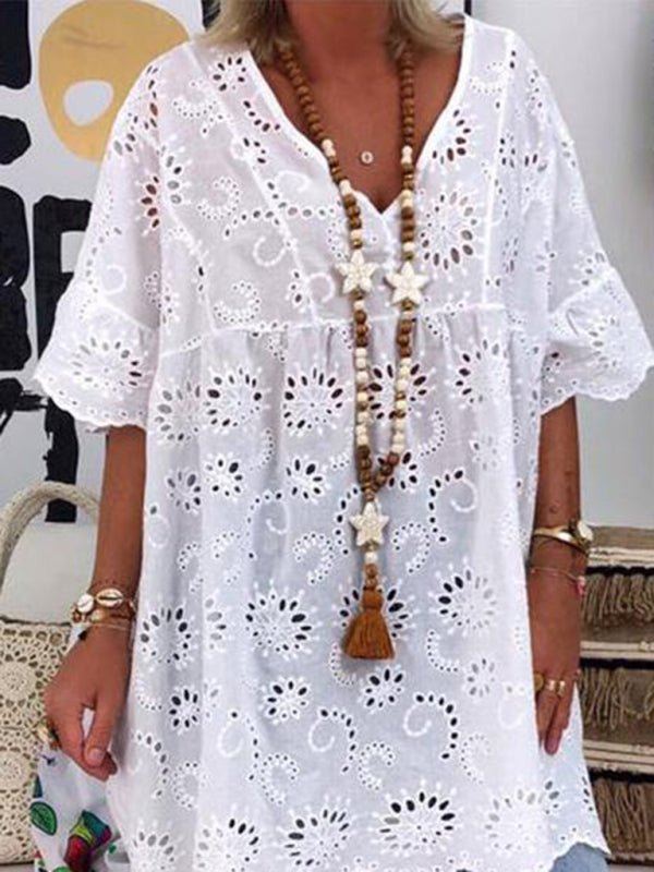 Women’s new V-neck hollow embroidered blouse short-sleeved dress - White / S