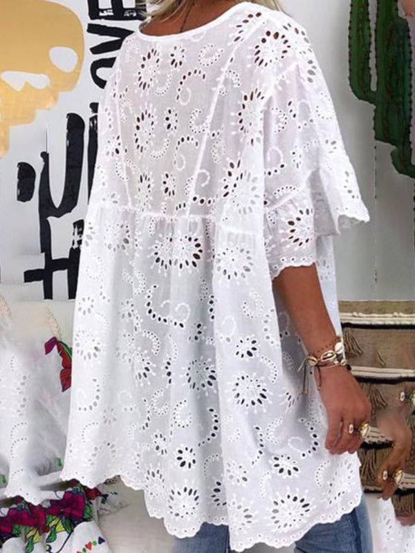 Women’s new V-neck hollow embroidered blouse short-sleeved dress