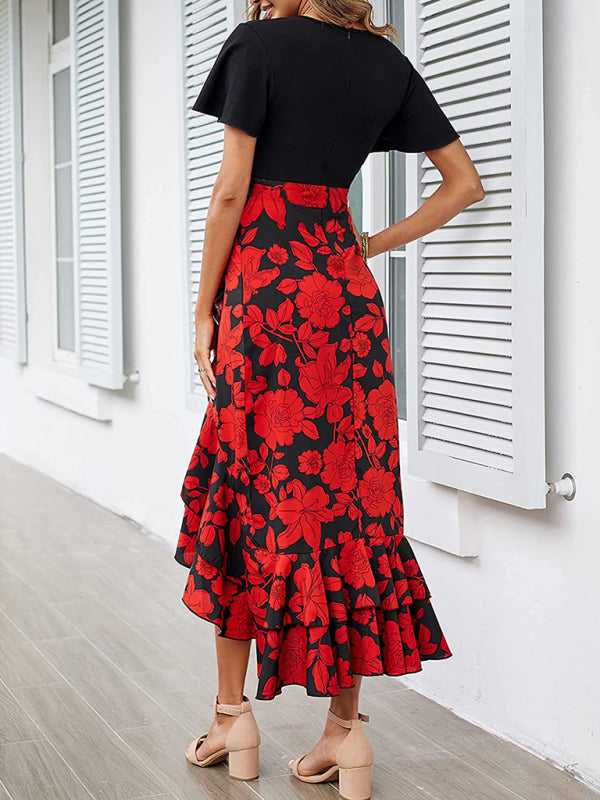 Women’s new V-neck splicing hem irregular slit short-sleeved printed dress