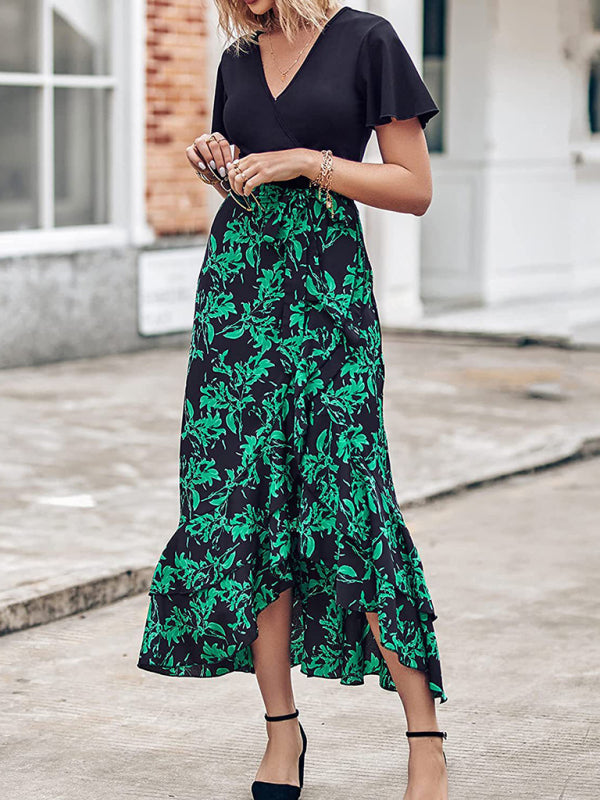 Women’s new V-neck splicing hem irregular slit short-sleeved printed dress