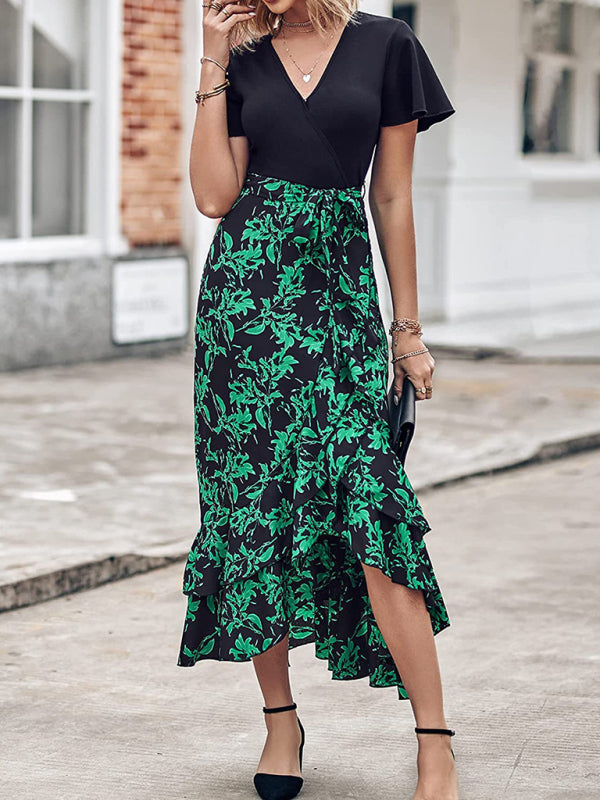 Women’s new V-neck splicing hem irregular slit short-sleeved printed dress - Green / S