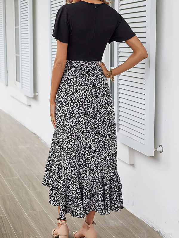 Women’s new V-neck splicing hem irregular slit short-sleeved printed dress
