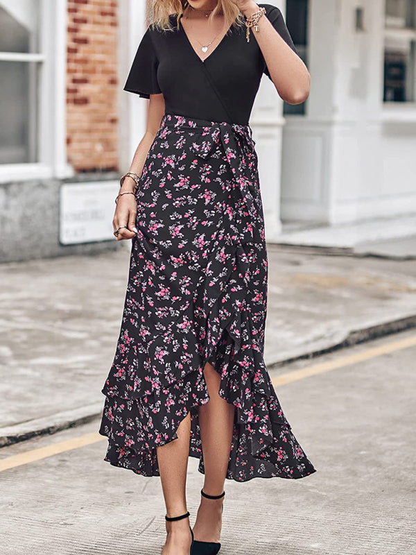 Women’s new V-neck splicing hem irregular slit short-sleeved printed dress - Pinkpurple / S