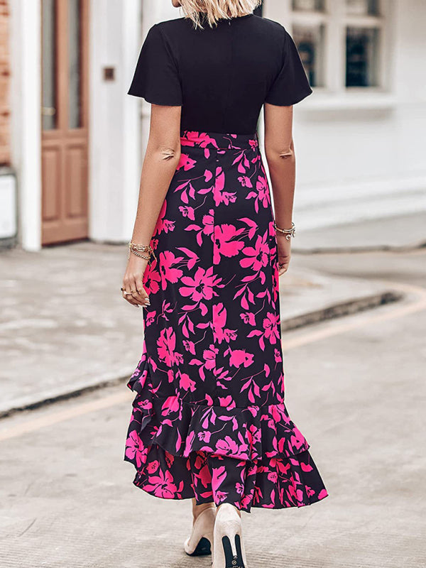 Women’s new V-neck splicing hem irregular slit short-sleeved printed dress