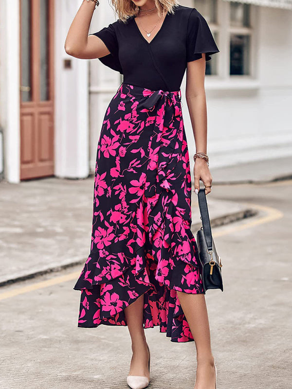 Women’s new V-neck splicing hem irregular slit short-sleeved printed dress - Rose / S