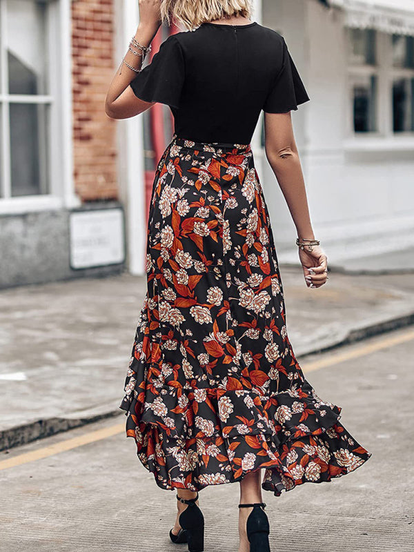 Women’s new V-neck splicing hem irregular slit short-sleeved printed dress