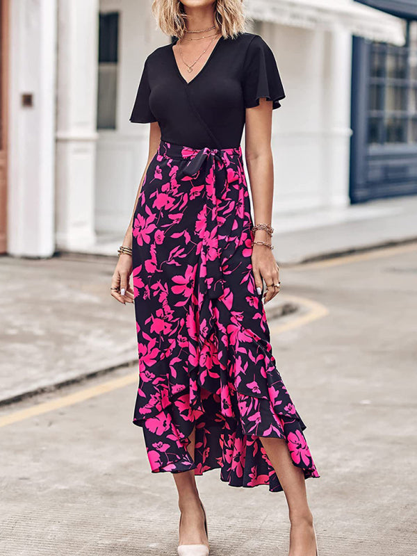 Women’s new V-neck splicing hem irregular slit short-sleeved printed dress