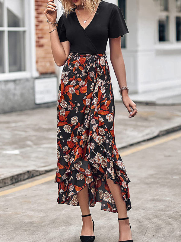 Women’s new V-neck splicing hem irregular slit short-sleeved printed dress - Orange Red / S