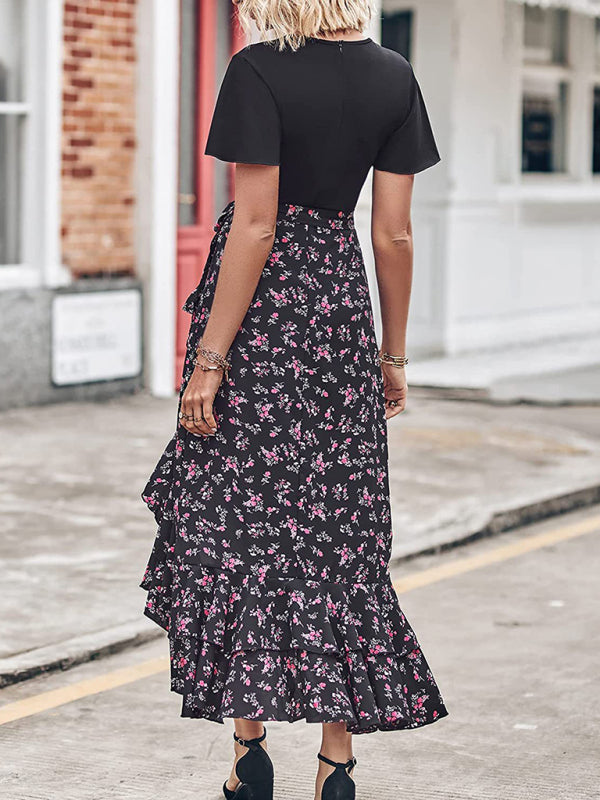 Women’s new V-neck splicing hem irregular slit short-sleeved printed dress
