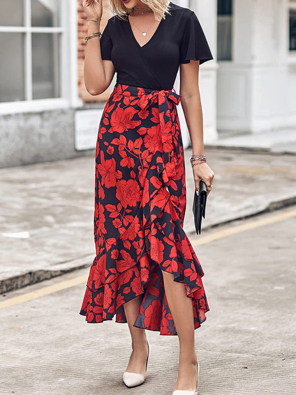 Women’s new V-neck splicing hem irregular slit short-sleeved printed dress - Red / S