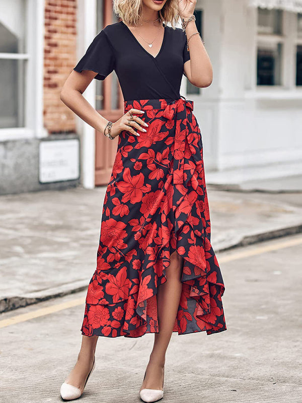 Women’s new V-neck splicing hem irregular slit short-sleeved printed dress