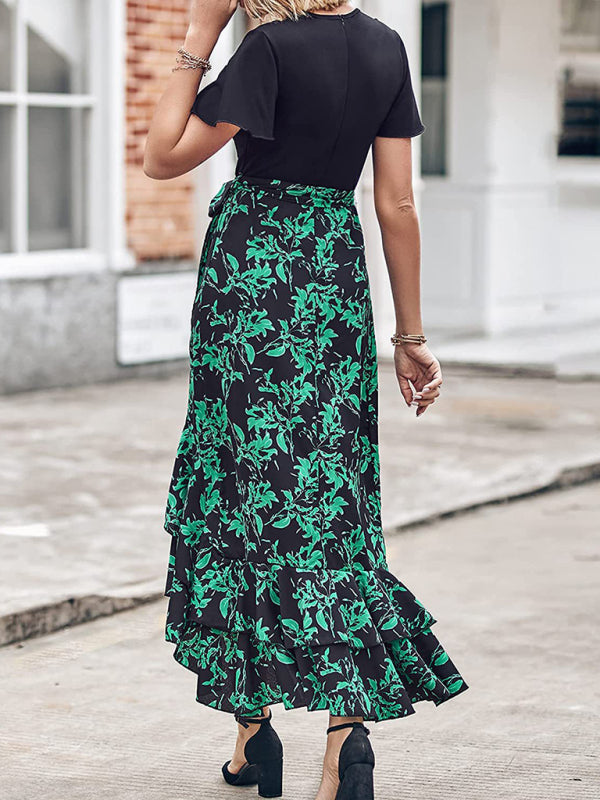 Women’s new V-neck splicing hem irregular slit short-sleeved printed dress