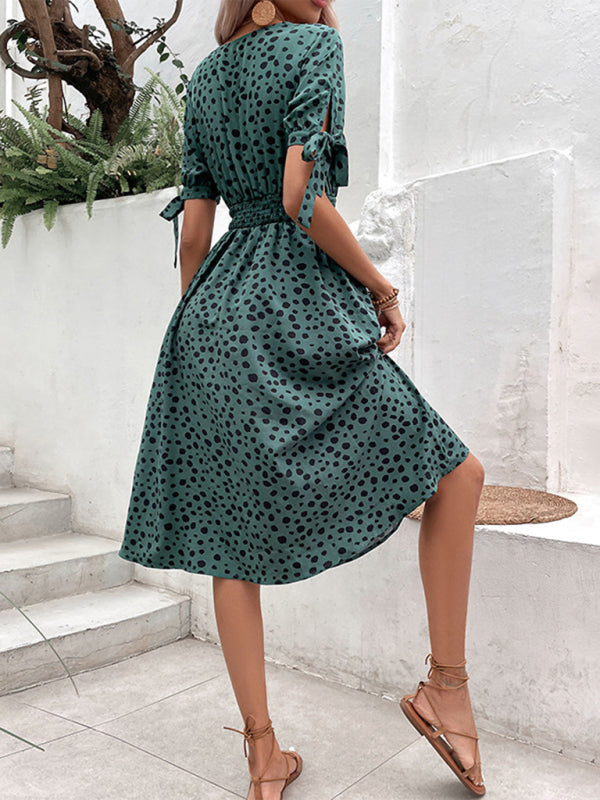 Women’s New Waist Leopard Print Short Sleeve Dress