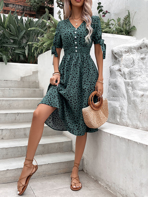 Women’s New Waist Leopard Print Short Sleeve Dress