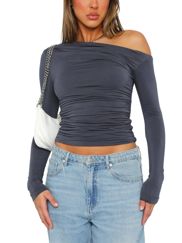 Women’s off-shoulder asymmetrical solid color crop top long-sleeved sexy slim fit T-shirt - Grey / S