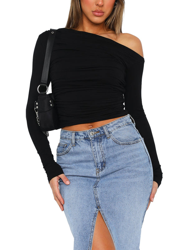 Women’s off-shoulder asymmetrical solid color crop top long-sleeved sexy slim fit T-shirt - Black / S