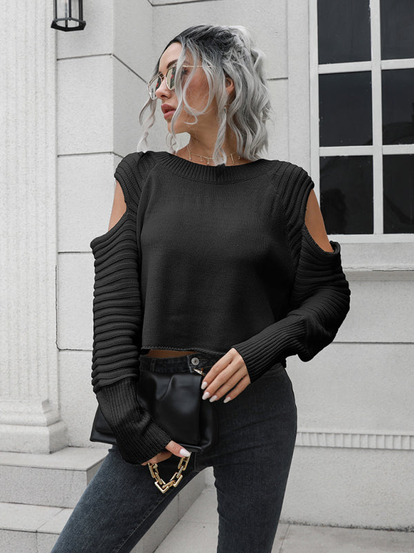Women’s off shoulder short loose long sleeved sweater - Black / S