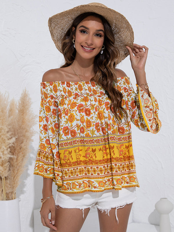 Women’s One Shoulder Floral Flared Sleeve Top - Earth yellow / XL